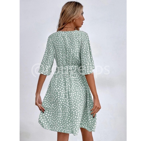 Mint Green All Over Print Dress Dalmatian, Spotted Faux Wrap, Tie Belt Mini - Picture 4 of 8